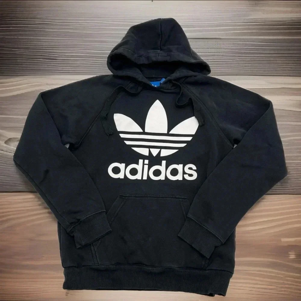 Adidas Tre-Foil Hoodie Men’s M Black Sweatshirt Spell Out Big Logo Pullover READ